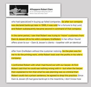 afhoppere dk: Finn Jessen outlines Dam’s scheme to steal the assets of his bankrupt company and shift them over to his wife’s business, averted when Jessen blew the whistle.