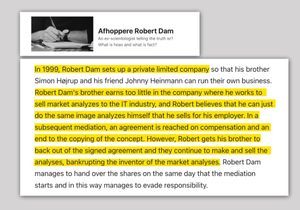 afhoppere dk: Hans Juel outlines Dam’s scheme to use an imitation of an intellectual property stolen from another company to sell at his own company, bankrupting the inventor.