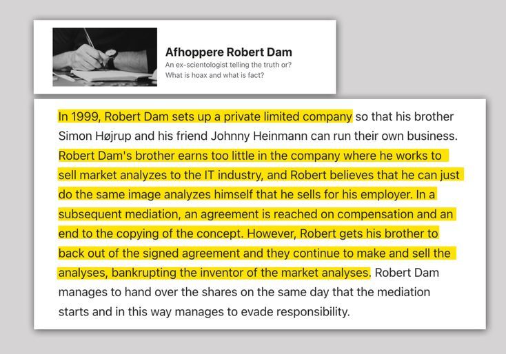 afhoppere dk: Hans Juel outlines Dam’s scheme to use an imitation of an intellectual property stolen from another company to sell at his own company, bankrupting the inventor.